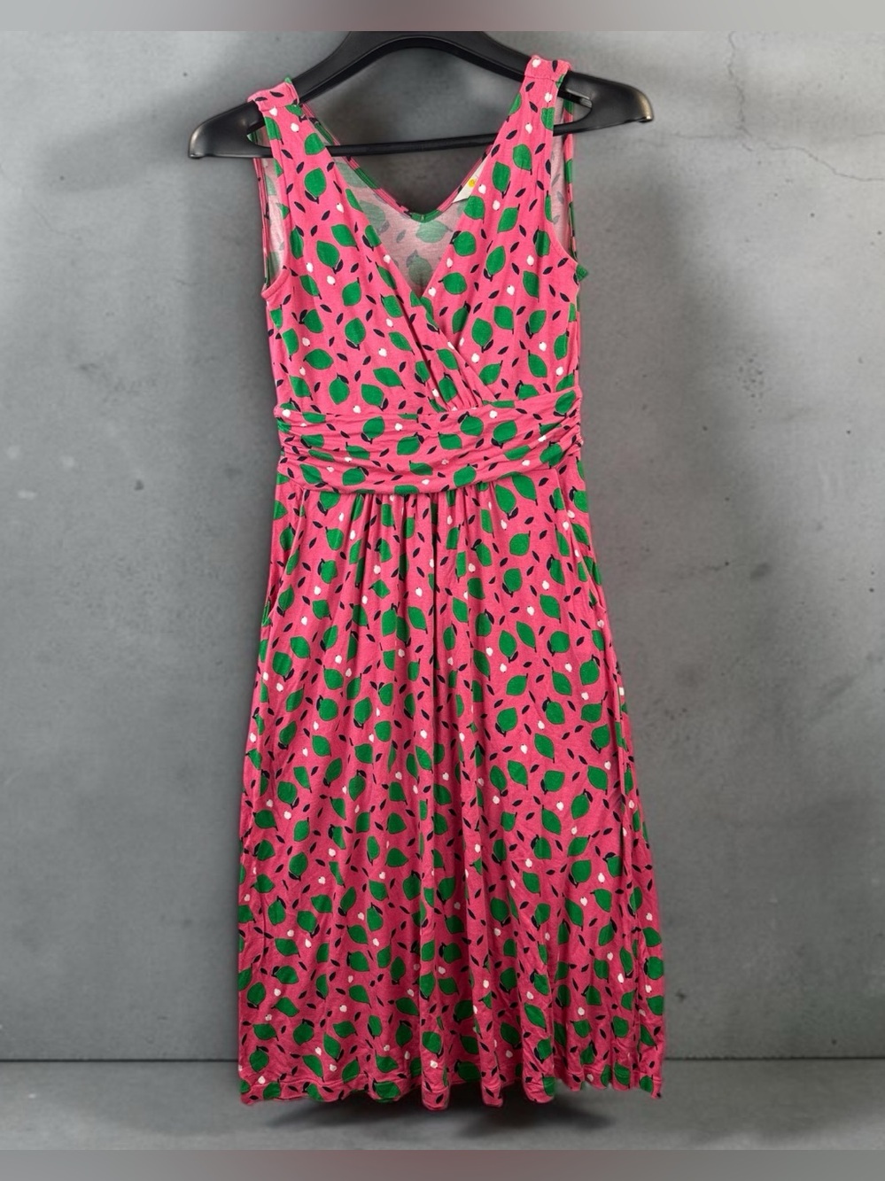 Boden Pink Leaf-Print Midi Dress with Green Accents